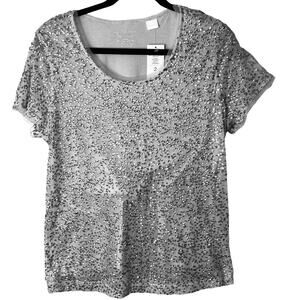 Chicos Shirt Womens Size M Sequins Short Sleeve Sheer Lined Silver Gray NWT
